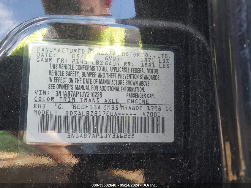 2018 Nissan Sentra S VIN: 3N1AB7AP1JY316228 Lot: 39502640