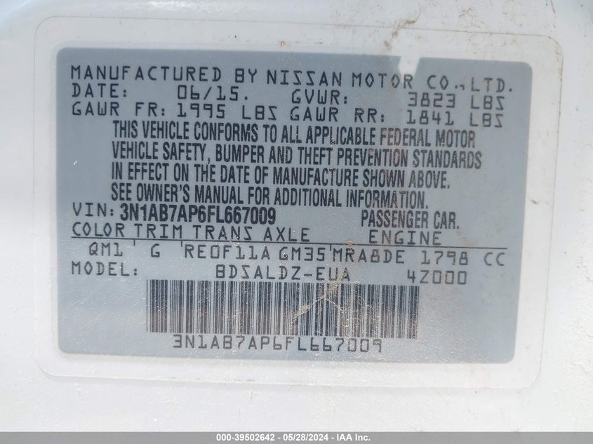 2015 Nissan Sentra Sv VIN: 3N1AB7AP6FL667009 Lot: 39502642