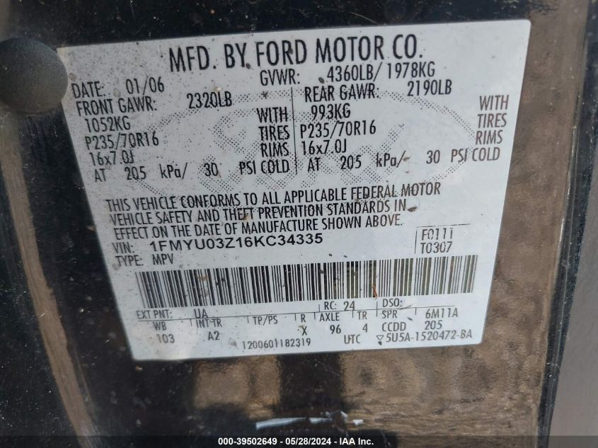 2006 Ford Escape Xlt VIN: 1FMYU03Z16KC34335 Lot: 39502649