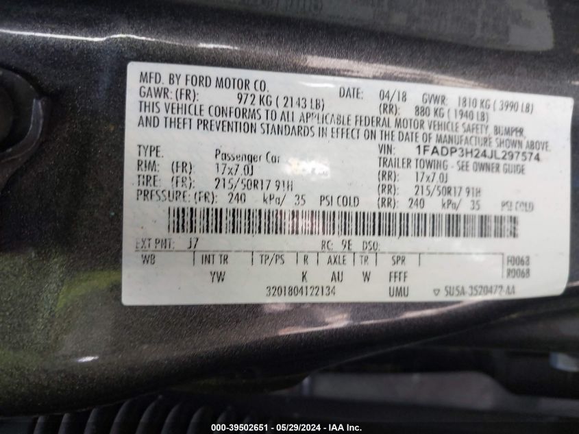 2018 FORD FOCUS SEL - 1FADP3H24JL297574