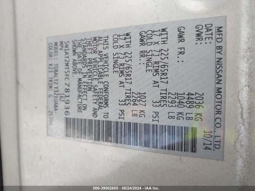 2015 Nissan Rogue Sv VIN: 5N1AT2MT5FC781936 Lot: 39502655