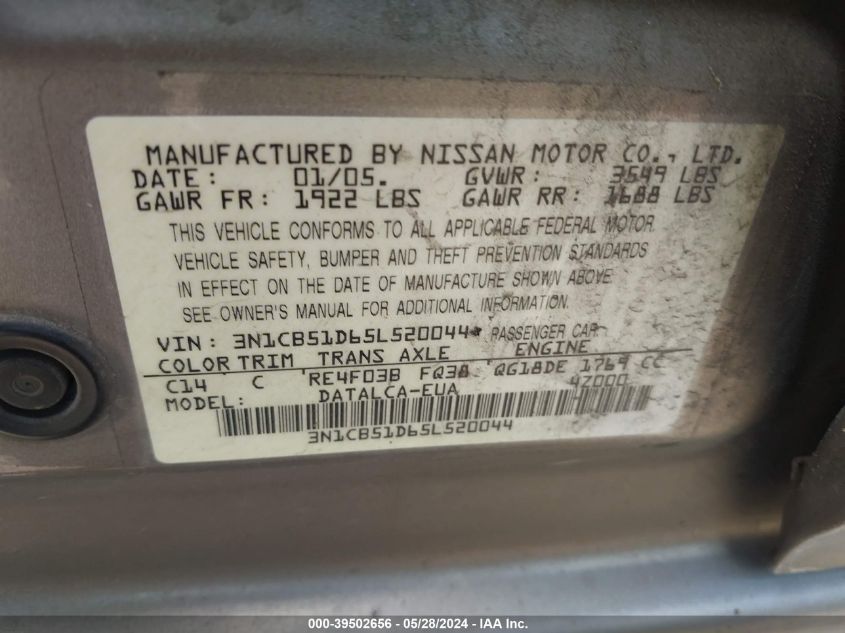 2005 Nissan Sentra 1.8 VIN: 3N1CB51D65L520044 Lot: 39502656