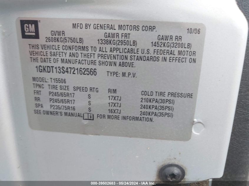 2007 GMC Envoy Sle VIN: 1GKDT13S472162566 Lot: 39502683