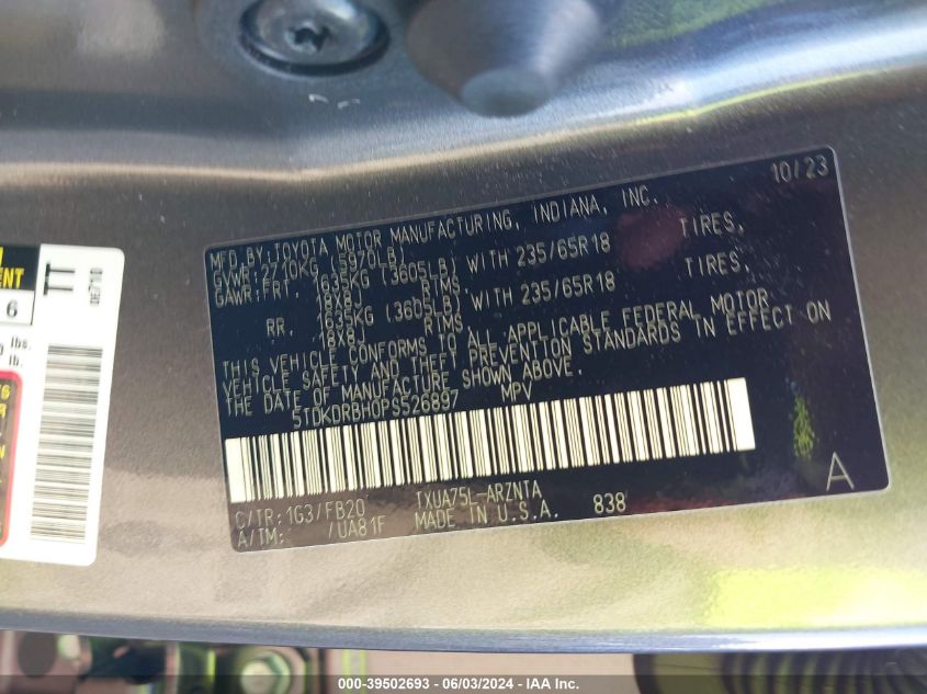 2023 Toyota Highlander Le VIN: 5TDKDRBH0PS526897 Lot: 39502693