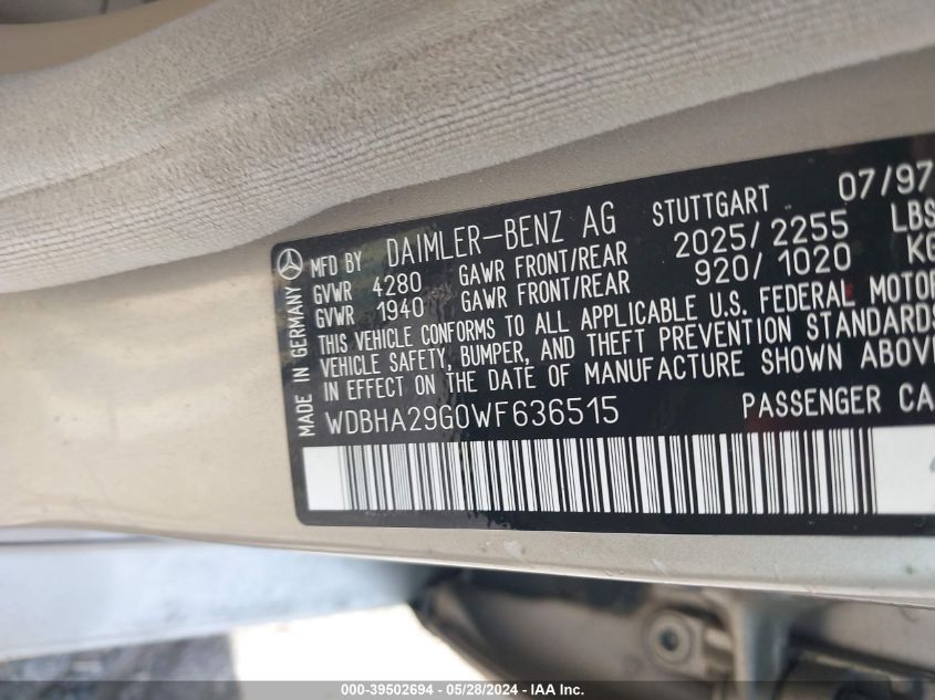 1998 Mercedes-Benz C 280 VIN: WDBHA29G0WF636515 Lot: 39502694