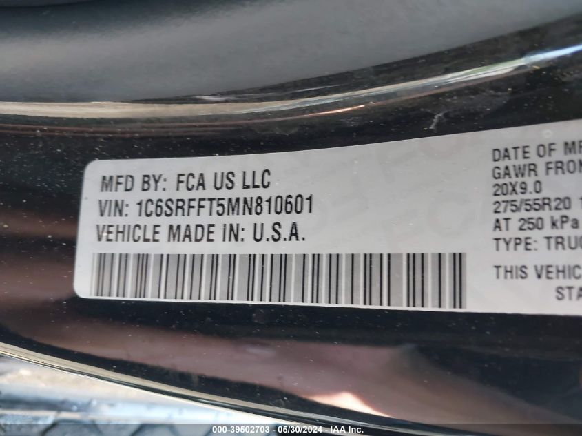 2021 Ram 1500 Big Horn 4X4 5'7 Box VIN: 1C6SRFFT5MN810601 Lot: 39502703