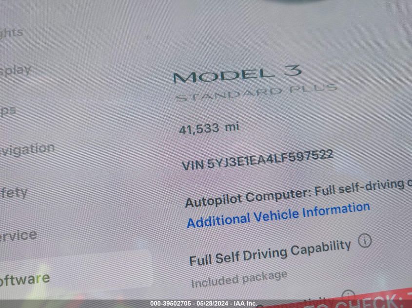 2020 TESLA MODEL 3 STANDARD RANGE PLUS REAR-WHEEL DRIVE/STANDARD RANGE REAR-WHEEL DRIVE - 5YJ3E1EA4LF597522