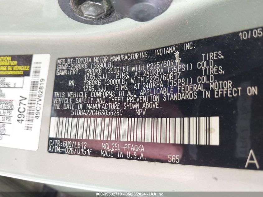 2006 Toyota Sienna Xle VIN: 5TDBA22C46S056280 Lot: 39502719