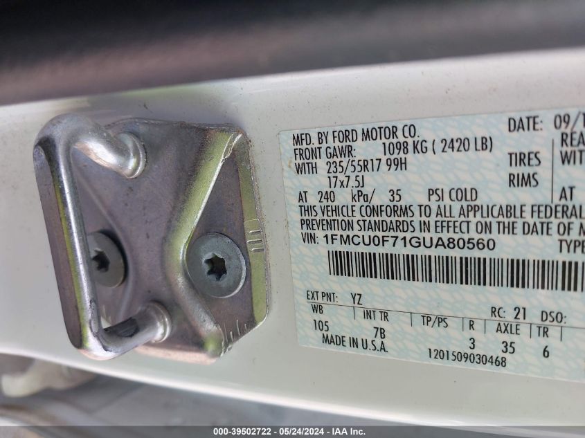 2016 Ford Escape S VIN: 1FMCU0F71GUA80560 Lot: 39502722