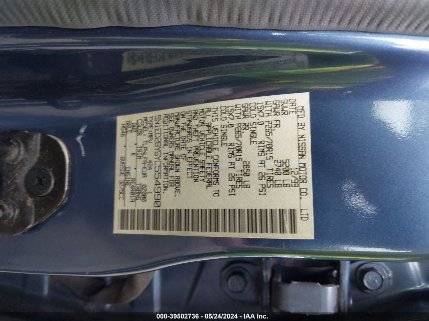 2000 Nissan Xterra Se/Xe VIN: 5N1ED28Y6YC554990 Lot: 39502736