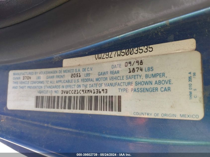 1999 Volkswagen New Beetle Gls VIN: 3VWCC21C9XM413693 Lot: 39502739