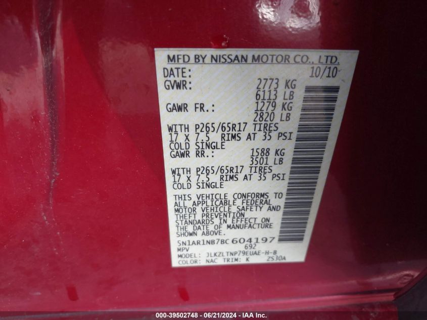 2011 Nissan Pathfinder S/Le/Se VIN: 5N1AR1NB7BC604197 Lot: 39502748