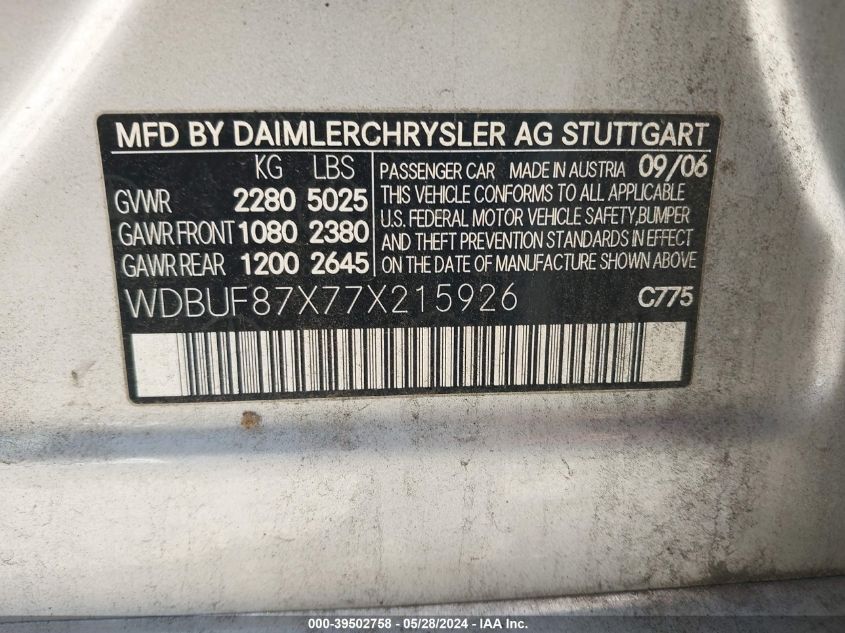 2007 Mercedes-Benz E 350 4Matic VIN: WDBUF87X77X215926 Lot: 39502758