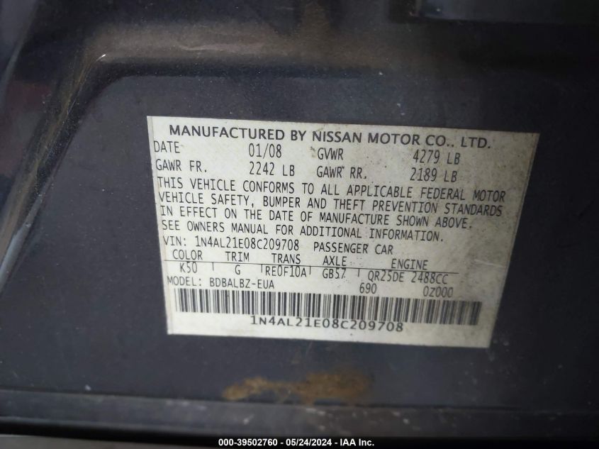 2008 Nissan Altima 2.5 S VIN: 1N4AL21E08C209708 Lot: 39502760