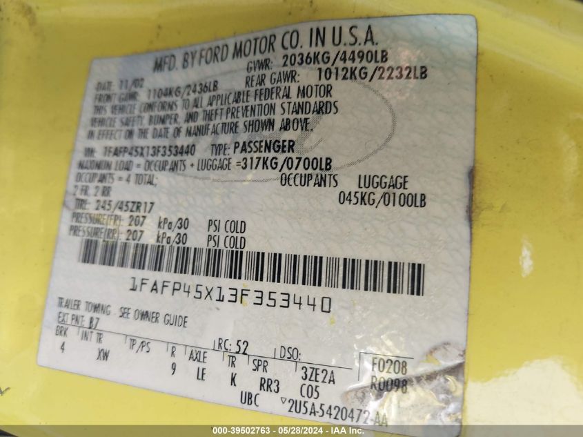 2003 Ford Mustang Gt VIN: 1FAFP45X13F353440 Lot: 39502763