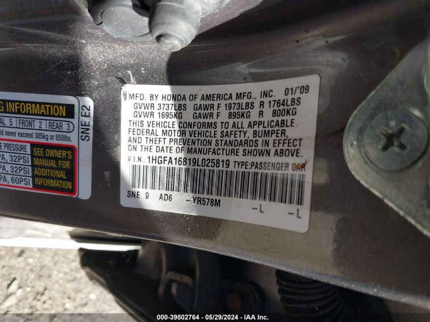 2009 Honda Civic Ex VIN: 1HGFA16819L025819 Lot: 39502764