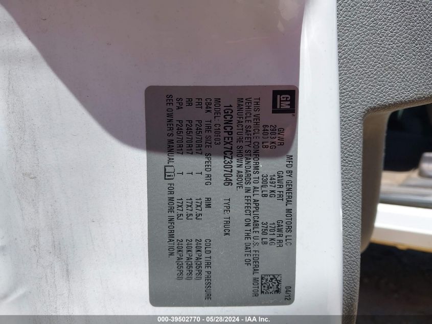 2012 Chevrolet Silverado 1500 Work Truck VIN: 1GCNCPEX7CZ307046 Lot: 39502770