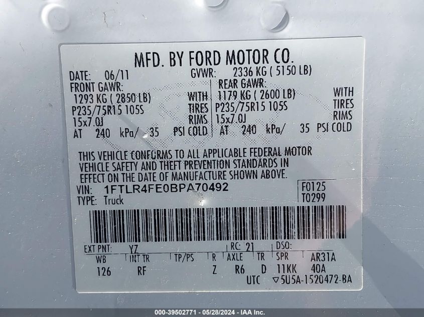 2011 Ford Ranger Xlt VIN: 1FTLR4FE0BPA70492 Lot: 39502771