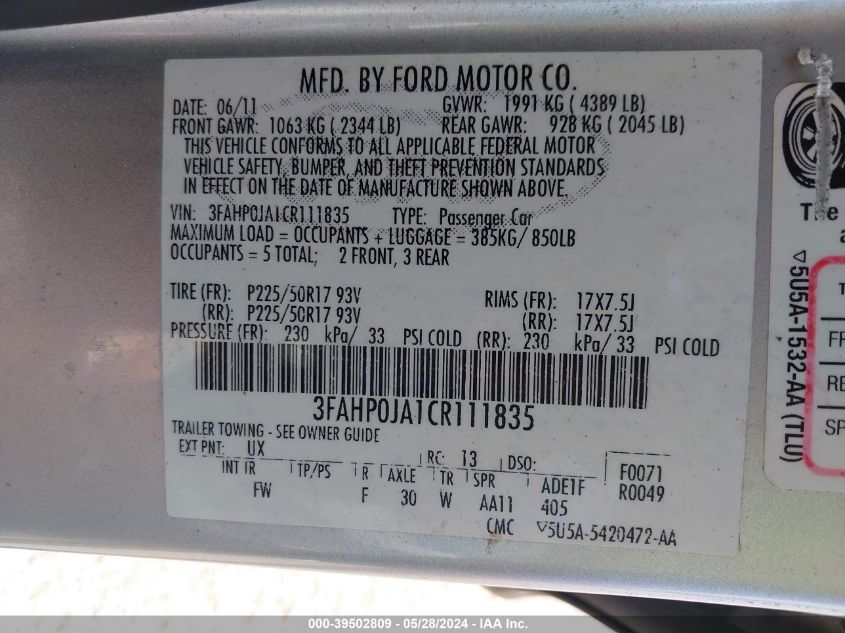 2012 Ford Fusion Sel VIN: 3FAHP0JA1CR111835 Lot: 39502809
