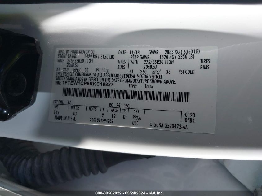 2019 Ford F-150 Xl VIN: 1FTEW1CP8KKC18827 Lot: 39502822