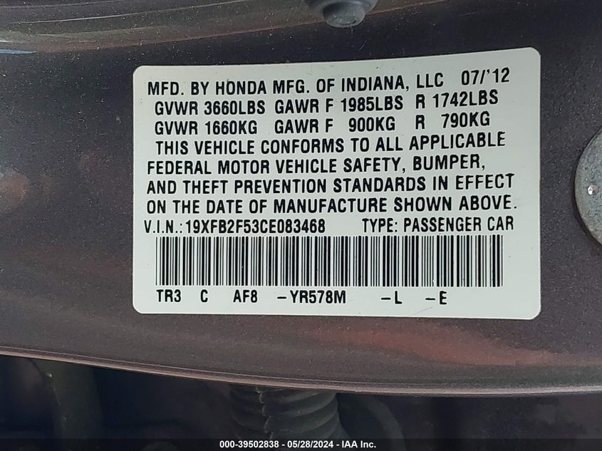 2012 Honda Civic Lx VIN: 19XFB2F53CE083468 Lot: 39502838