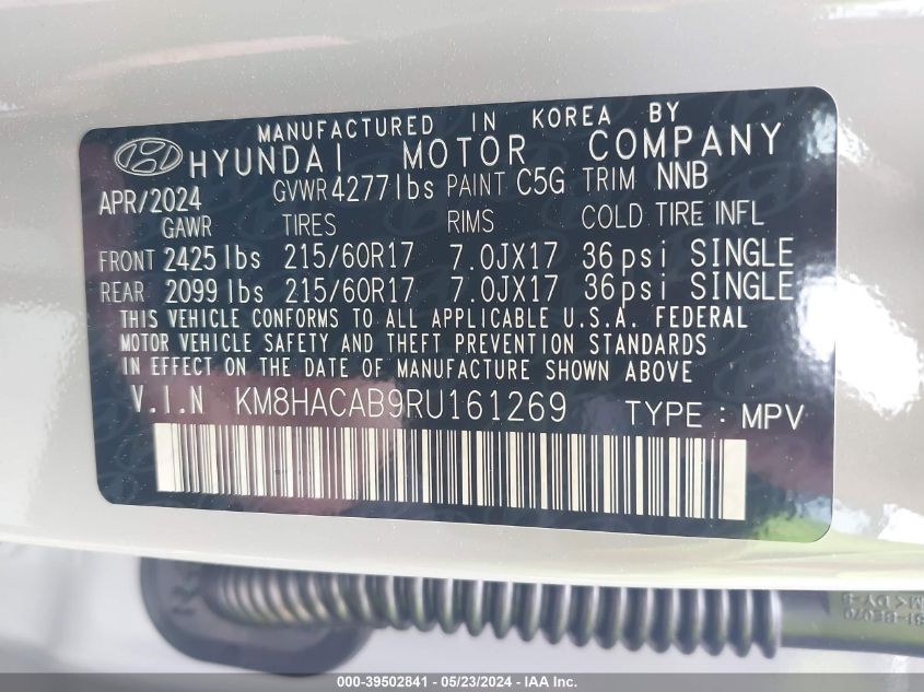 2024 Hyundai Kona Se VIN: KM8HACAB9RU161269 Lot: 39502841