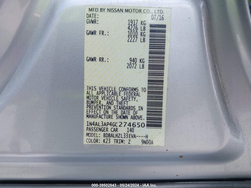 2016 Nissan Altima 2.5 Sr VIN: 1N4AL3AP4GC274650 Lot: 39502843