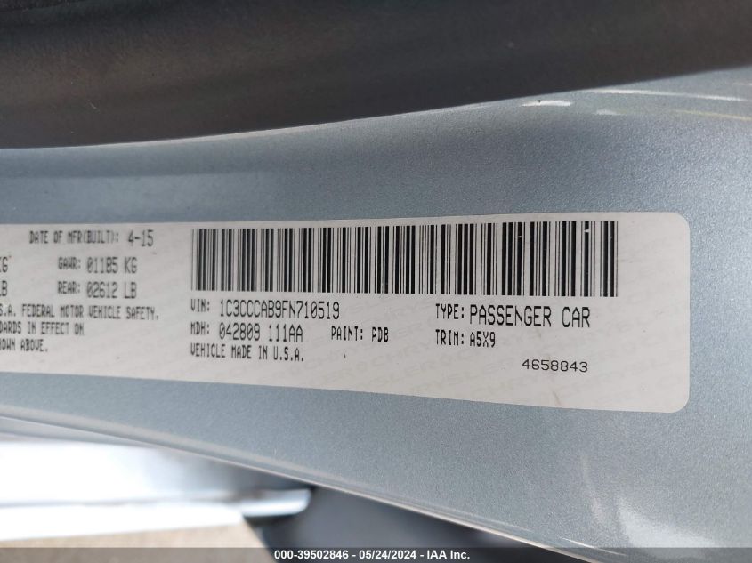 2015 Chrysler 200 Limited VIN: 1C3CCCAB9FN710519 Lot: 39502846