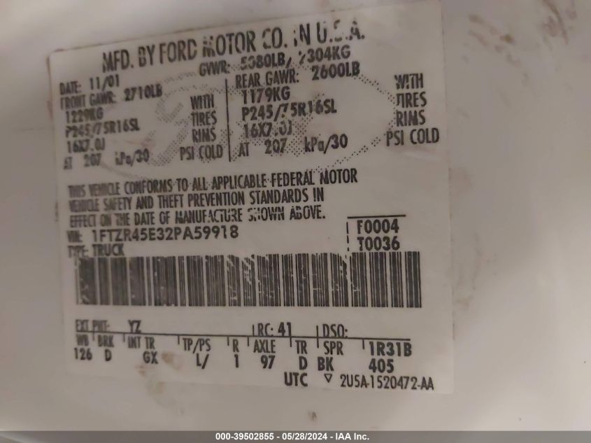 2002 Ford Ranger Edge/Xlt VIN: 1FTZR45E32PA59918 Lot: 39502855