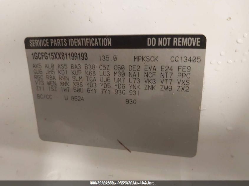 2008 Chevrolet Express Work Van VIN: 1GCFG15XX81199193 Lot: 39502859