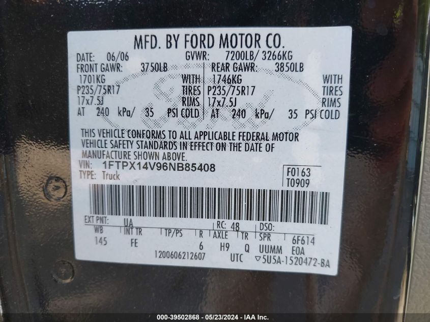 2006 Ford F-150 Fx4/Lariat/Xl/Xlt VIN: 1FTPX14V96NB85408 Lot: 39502868
