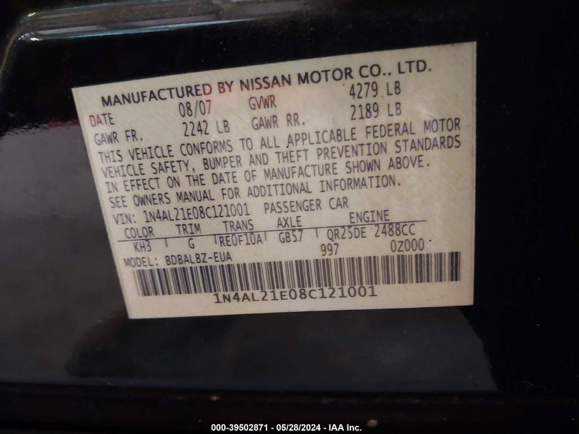 2008 Nissan Altima 2.5 S VIN: 1N4AL21E08C121001 Lot: 39502871