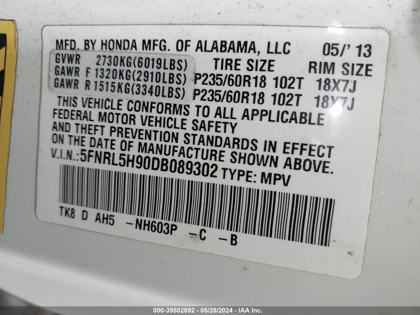 2013 Honda Odyssey Touring/Touring Elite VIN: 5FNRL5H90DB089302 Lot: 39502892