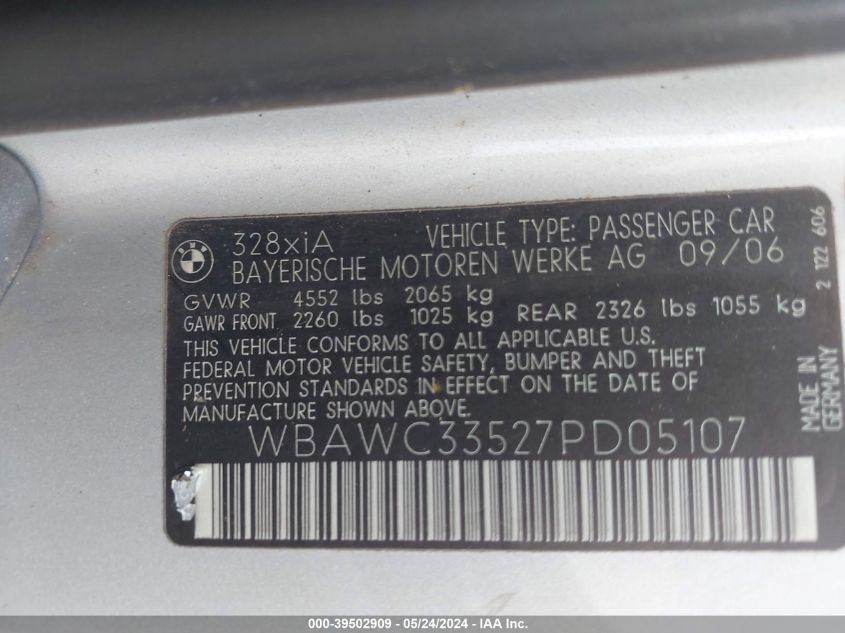 2007 BMW 328Xi VIN: WBAWC33527PD05107 Lot: 39502909