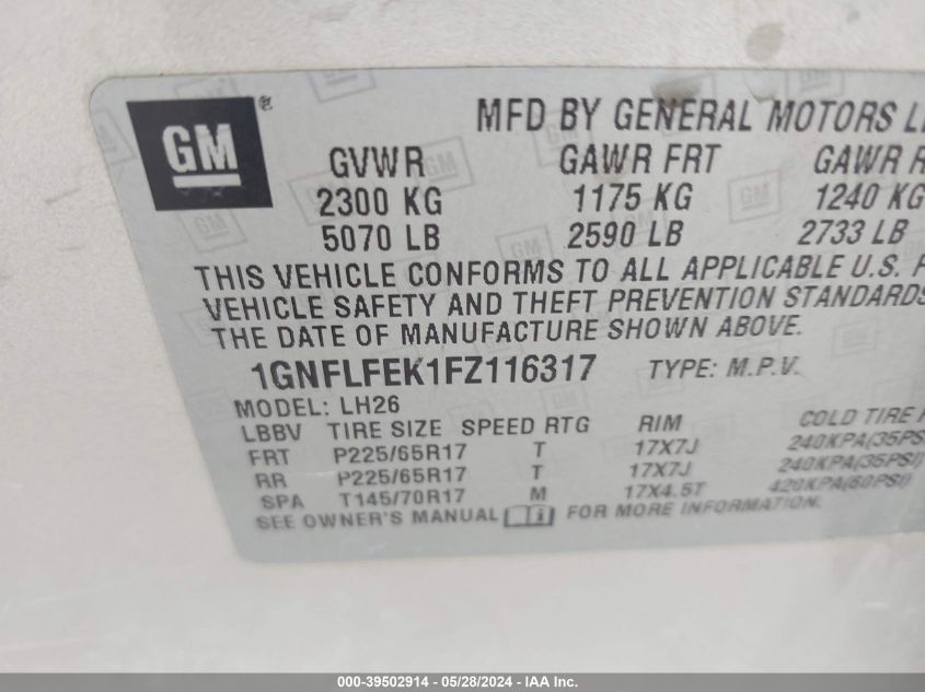 2015 Chevrolet Equinox 1Lt VIN: 1GNFLFEK1FZ116317 Lot: 39502914