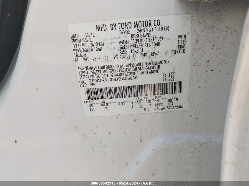 2013 Ford Edge Sel VIN: 2FMDK3J99DBA06986 Lot: 39502915