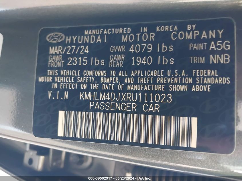 2024 Hyundai Elantra Hybrid Blue VIN: KMHLM4DJXRU111023 Lot: 39502917