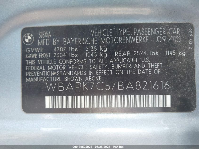 2011 BMW 328I xDrive VIN: WBAPK7C57BA821616 Lot: 39502923