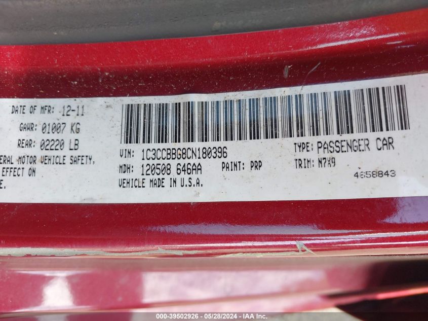 2012 Chrysler 200 Touring VIN: 1C3CCBBG8CN180396 Lot: 39502926