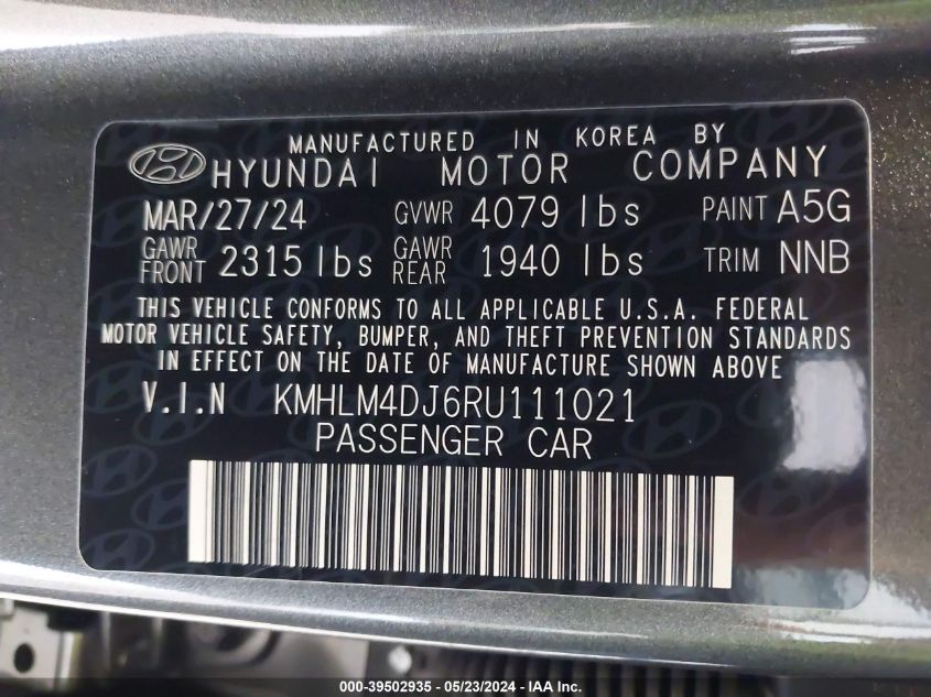 2024 Hyundai Elantra Hybrid Blue VIN: KMHLM4DJ6RU111021 Lot: 39502935