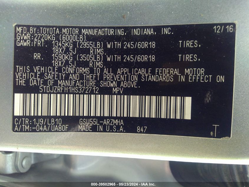 2017 Toyota Highlander Xle VIN: 5TDJZRFH1HS372712 Lot: 39502965