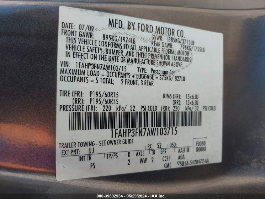 2010 Ford Focus Se VIN: 1FAHP3FN7AW103715 Lot: 39502984