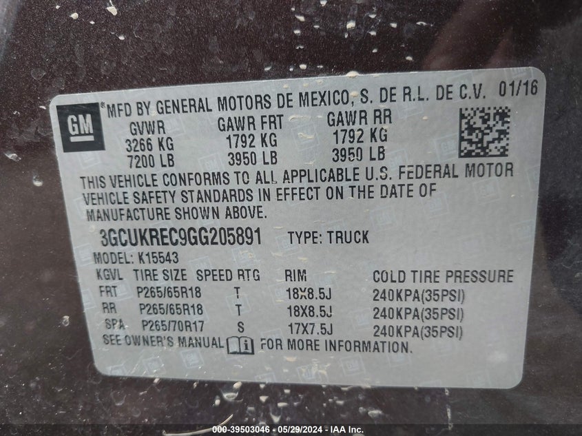 2016 Chevrolet Silverado 1500 2Lt VIN: 3GCUKREC9GG205891 Lot: 39503046