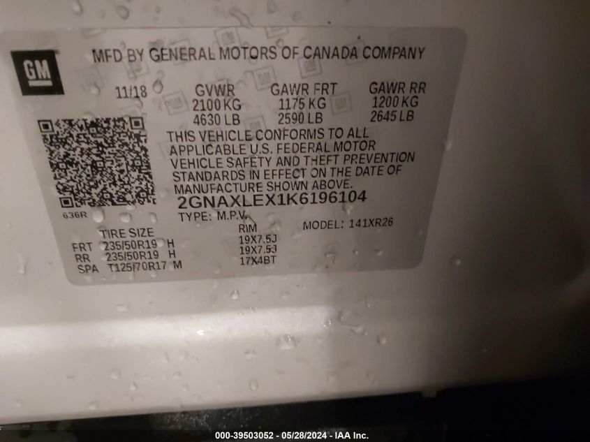 2019 Chevrolet Equinox Lt VIN: 2GNAXLEX1K6196104 Lot: 39503052