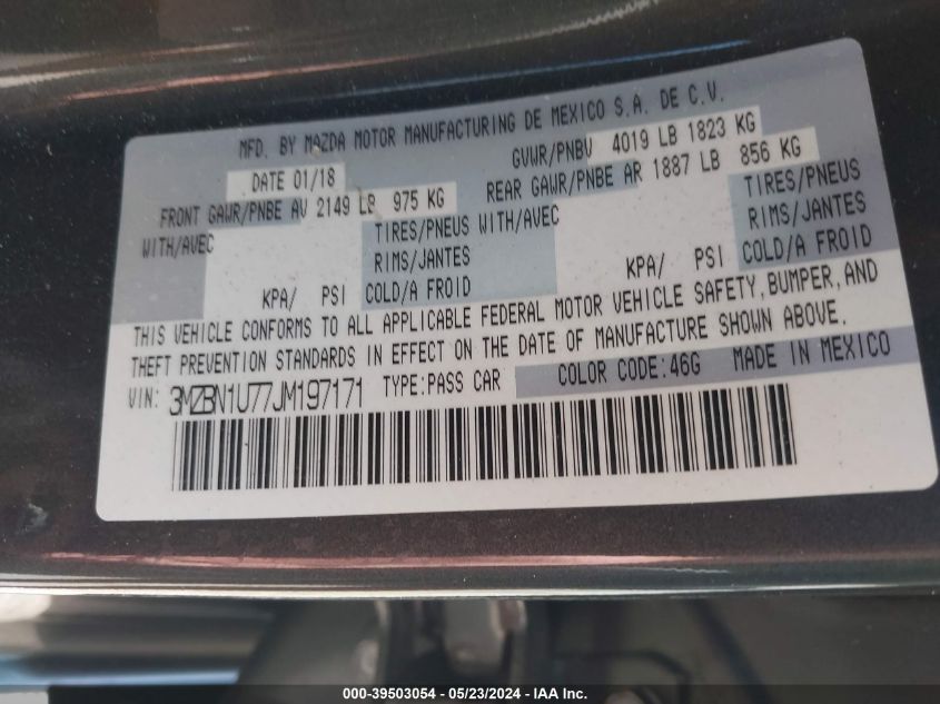 2018 Mazda Mazda3 Sport VIN: 3MZBN1U77JM197171 Lot: 39503054