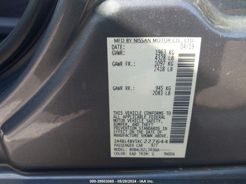 1N4BL4BV5KC227644 2019 Nissan Altima 2.5 S