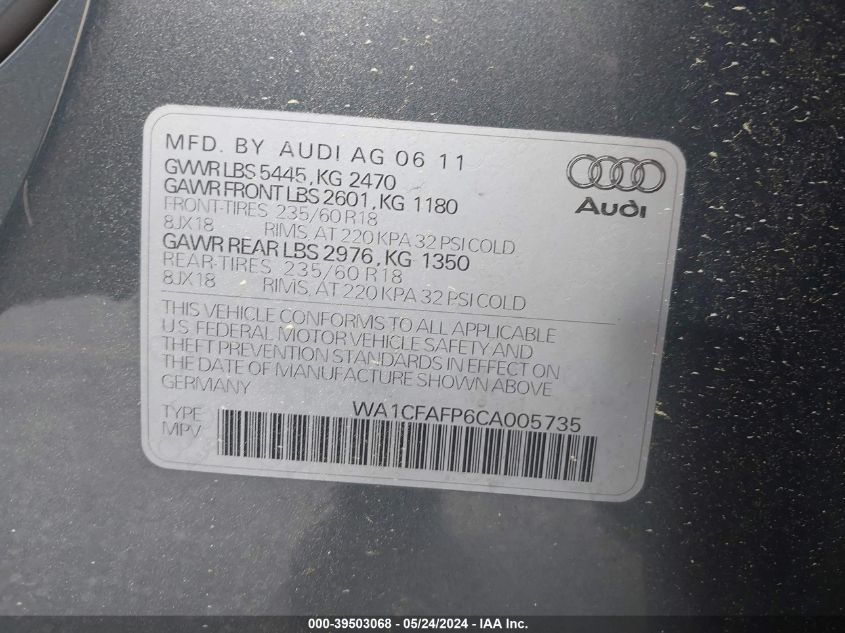 2012 Audi Q5 2.0T Premium VIN: WAUFAFP6CA025235 Lot: 39503068