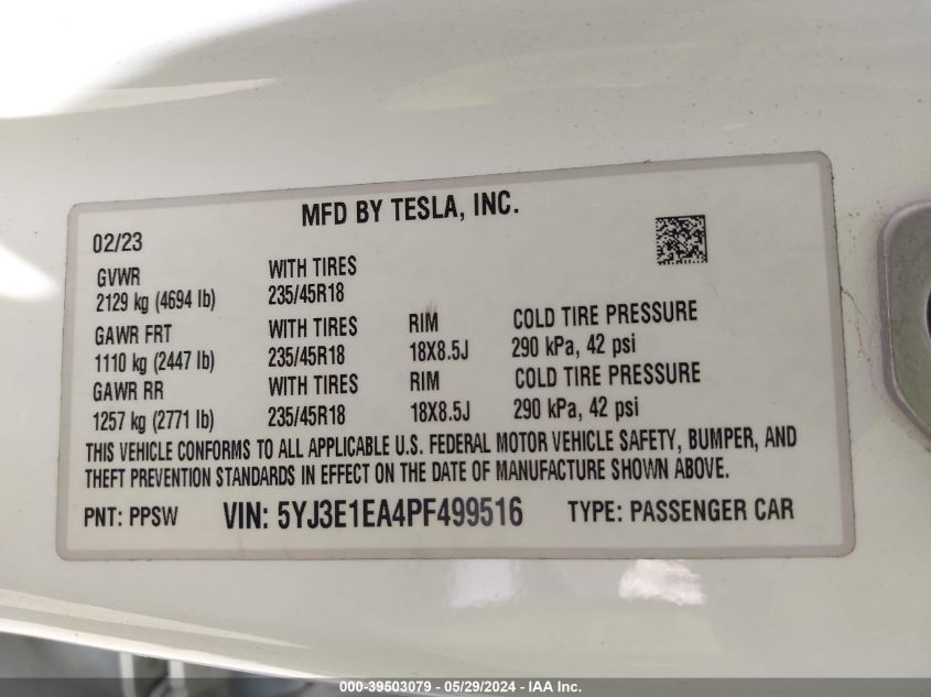 2023 Tesla Model 3 Rear-Wheel Drive VIN: 5YJ3E1EA4PF499516 Lot: 39503079