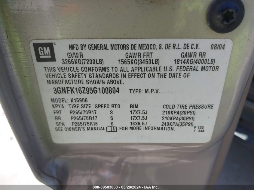 2005 Chevrolet Suburban 1500 Z71 VIN: 3GNFK16Z95G100804 Lot: 39503080