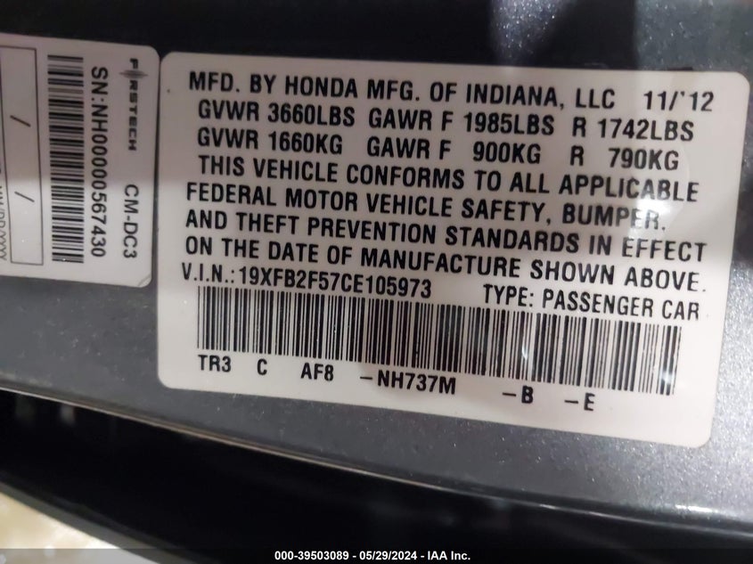 2012 Honda Civic Lx VIN: 19XFB2F57CE105973 Lot: 39503089